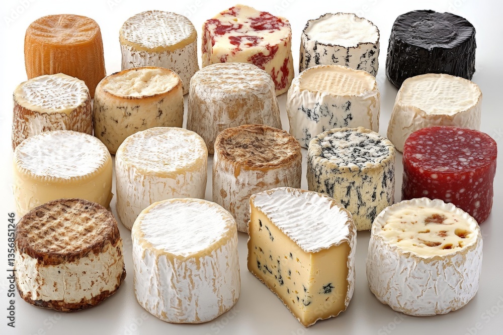 Poster explore a vibrant array of artisanal cheeses displayed on a white surface, perfect for tasting and c