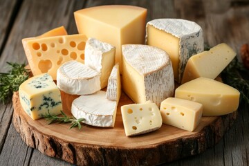 Variety of artisanal cheeses displayed on a rustic wooden board with fresh herbs