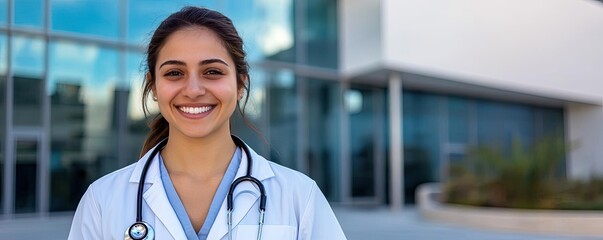 Medical student smiling in hospital internship concept. Confident female doctor smiling outside a modern hospital.