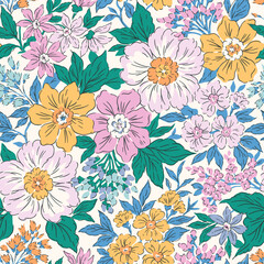 Vintage seamless floral pattern. Liberty style background of small pastel colorful flowers. Small flowers scattered over a white background. Stock vector for printing on surfaces. Gentle flowers.

