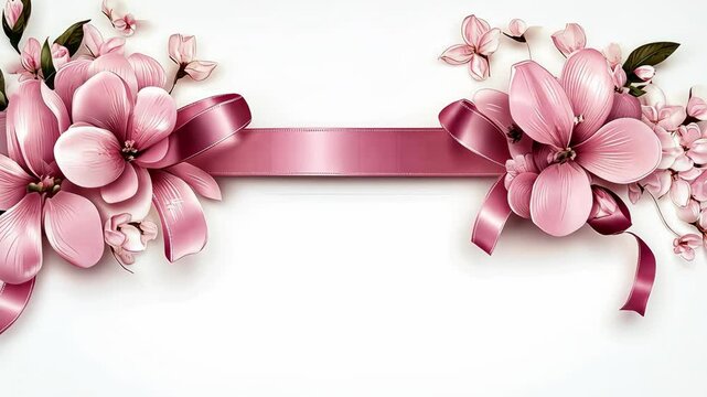 Vector clipart of a pastel pink invitation template with floral decoration and ribbon elements, isolated on a white background.