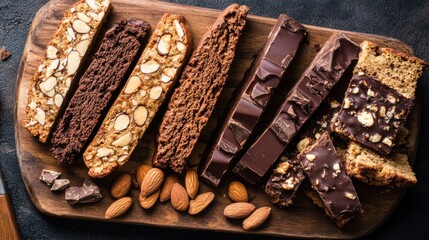 A top-down shot of an assortment of Italian biscotti, with almond, hazelnut, and chocolate varieties on a wooden cutting board.