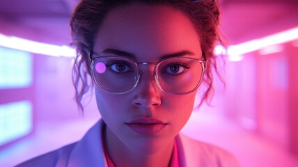 A teacher in a minimalist modern classroom explaining coding concepts with holographic examples, soft pastel tones, photorealistic and clean. , closes up