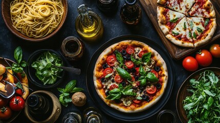 A top-down view of an Italian restaurant table filled with pizzas, pasta, fresh salads, and bottles of olive oil and balsamic vinegar.