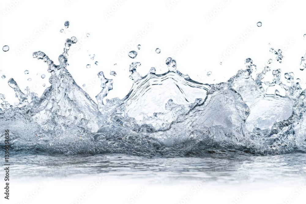 Poster Water splashes create dynamic patterns against a white background showcasing natural movements and textures