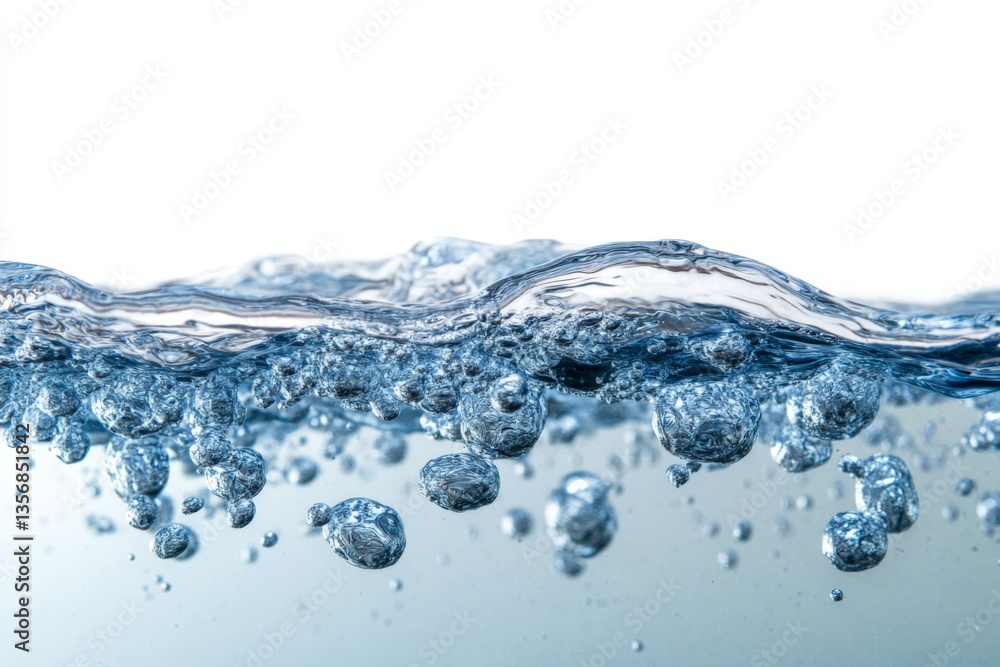 Poster Clear water surface with bubbles capturing light and creating ripples under natural illumination