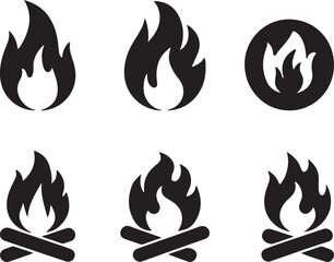 Set of black fire icons and symbols vector silhouette