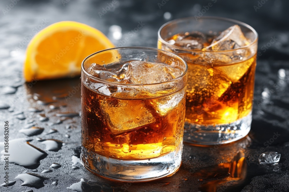 Poster refreshing cocktails with ice and lemon wedge on a dark table during a casual evening gathering at a
