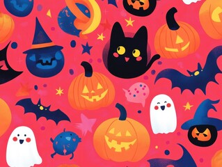 Fototapeta premium Cute Halloween Pattern with Pumpkins Bats Ghosts and Cat on Pink Background