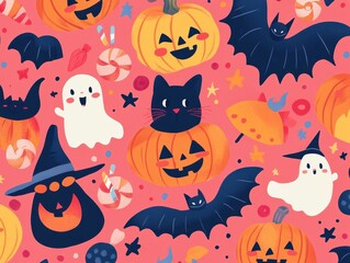 Cute Halloween Pattern with Pumpkins Bats Ghosts and Candy on Pink Background