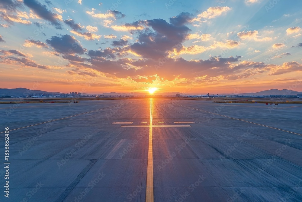 Poster sunset view over an airport runway with colorful clouds and horizon visible in the background