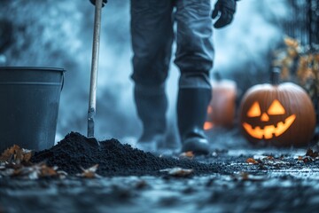 Naklejka premium Spooky autumn scene with jack-o'-lantern and mysterious figure