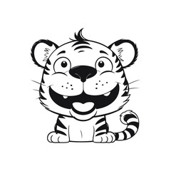 Fototapeta premium black and white vector silhouette of a happy baby tiger jumping excitedly with a wide smile on a white background