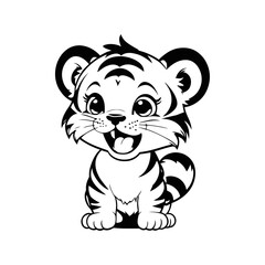 A sleek black and white vector illustration of a baby tiger with a joyful grin, its whiskers lifted in happiness on a white background