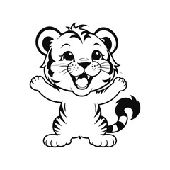 black and white vector silhouette of a baby tiger with a broad smile, looking happy and content on a white background