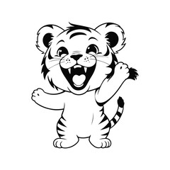 A black and white vector silhouette of a baby tiger with a playful smile, sitting happily with its tail wagging on a white background 