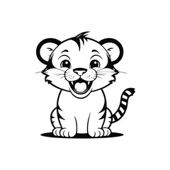 Fototapeta premium A minimalistic black and white vector illustration of a happy baby tiger smiling brightly, looking playful on a white background