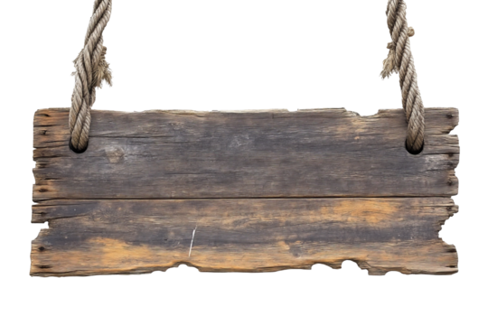 An old wooden signboard hanging by two rugged rope loop, Aged Wooden Sign Hung By Rope. Great For Adding Text Or Displaying A Message. Neutral Backdrop For A Variety Of Themes
