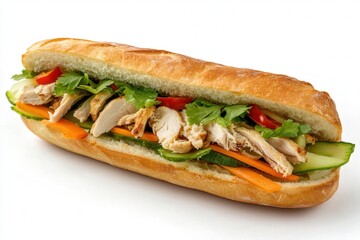 Delicious chicken sandwich with fresh vegetables on baguette.
