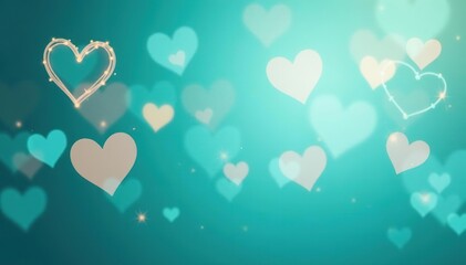 Abstract turquoise aquamarine background with hearts and bokeh lights, perfect for Mother's Day, Valentine's Day, Birthday, Christmas Wedding, copy space,  banner,  aquamarine
