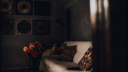 Interior of modern living room with grey sofas, table and shelf units