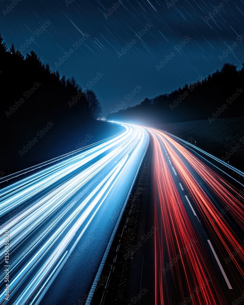 Poster dynamic night scene of highway with blurred car lights under starry sky creating a sense of speed an