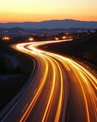 Fototapeta premium Highway Lights at Sunset with Mountain Backdrop Capturing the Essence of Travel and Modern Infrastructure with a Dynamic Perspective