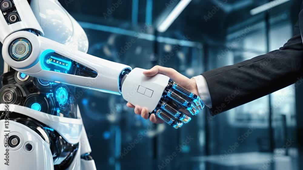 Poster handshake between human and ai robot. artificial intelligence
