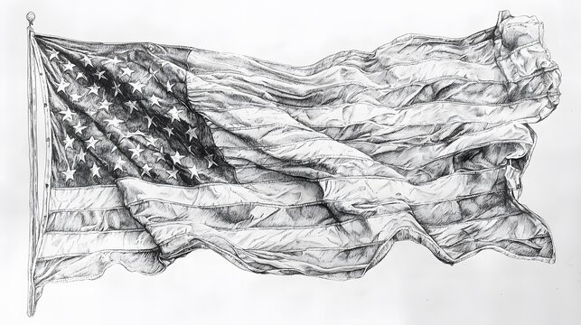 Graphite Sketch of a Waving American Flag