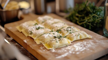 A wooden board with handmade ravioli, dusted with flour, ready to be boiled and served with a butter sage sauce.