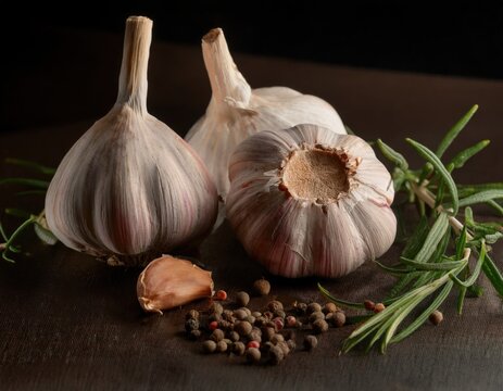 garlic heads with rosemary and peppercorns 