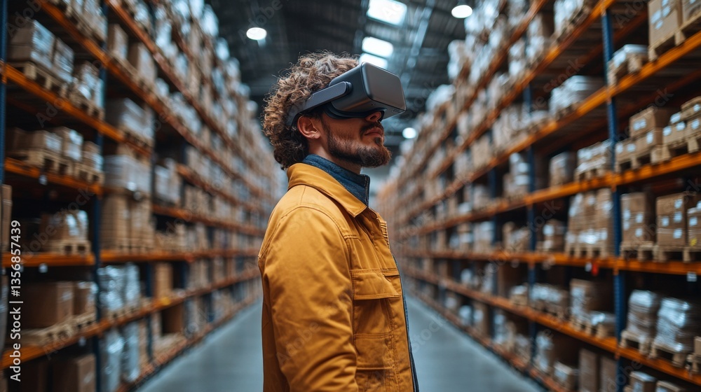 Fototapete a person wearing virtual reality goggles navigates an expansive warehouse filled with stacked boxes.