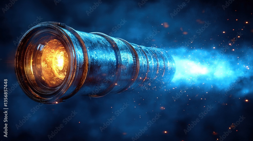Poster a close-up view of a camera lens set against a striking blue background emphasizing its features