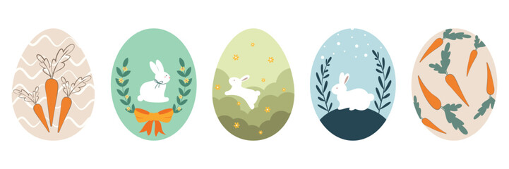 Easter Egg Illustrations Set with Rabbits, Flowers, Carrots and Colorful Patterns
