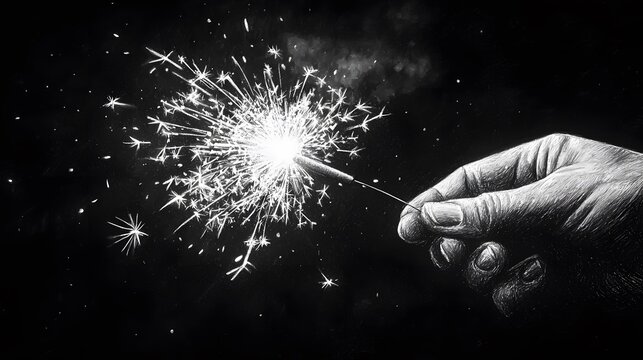 Hand holding burning sparkler against dark sky