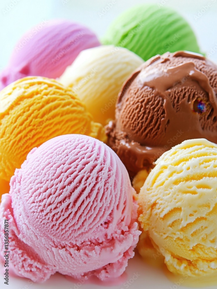 Poster colorful assortment of ice cream scoops in various flavors on a bright white background creating a d