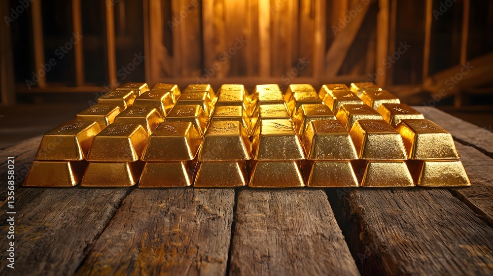 Poster luxurious gold bars displayed on a rustic wooden table creating an elegant and opulent atmosphere of