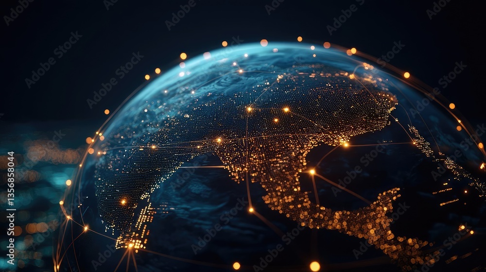 Poster earth at night displaying global finance and future business concept. a digital globe showcasing int