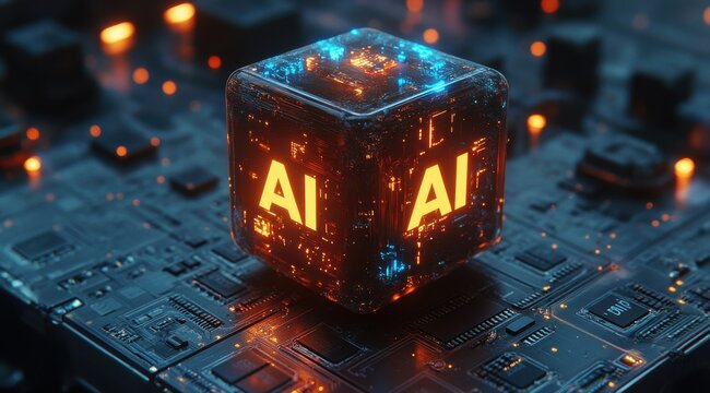A cube with the letters AI on it is lit up with bright lights