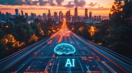 A city street with a brain on it and the word AI