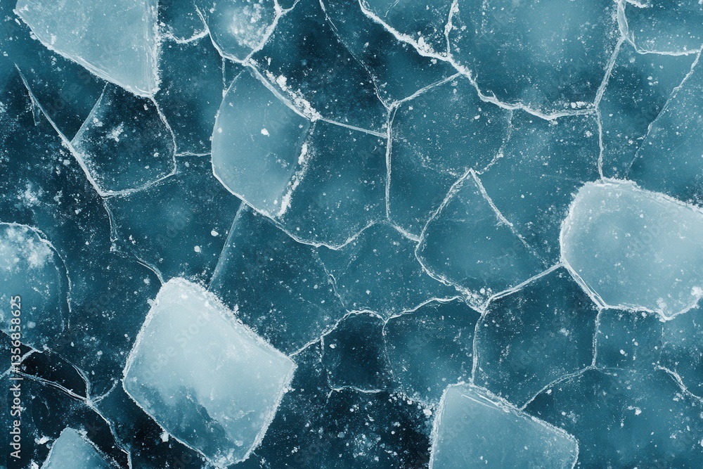 Poster captivating aerial view of frozen lake surface with cracks and ice blocks in winter season abstract 