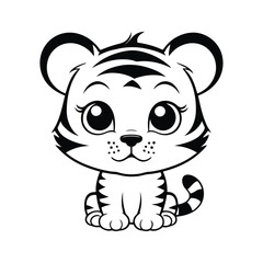 A black and white vector illustration of a baby tiger with a sad face, sitting quietly with its head lowered on a white background