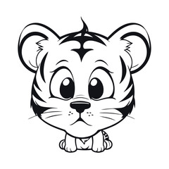 Obraz premium black and white vector silhouette of a baby tiger with drooping ears and a sorrowful expression on a white background