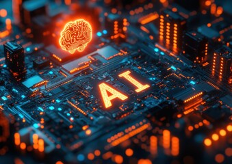 A computer chip with a brain on it and the letters AI