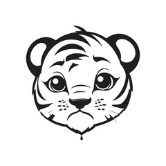 A black and white vector silhouette of a baby tiger looking down with a sad gaze, sitting in the rain on a white background.