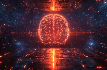 A brain is lit up in a futuristic setting