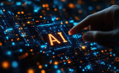 A hand pointing at the word AI on a computer screen