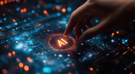 A hand pointing at the word AI on a computer screen