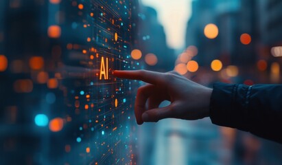 A hand pointing at the word AI on a computer screen