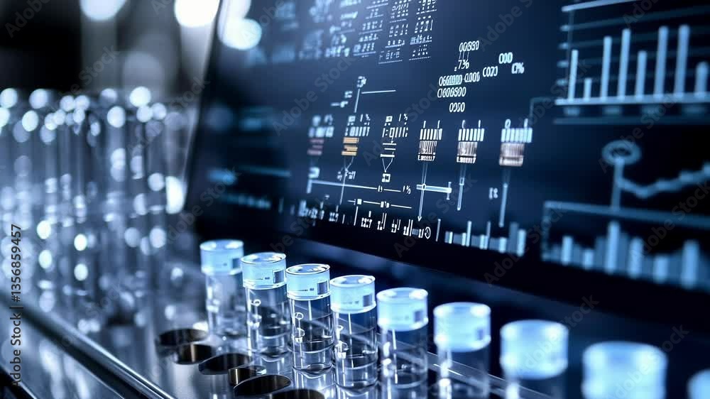 Poster high tech laboratory setting showcasing test tubes illuminated in blue light, with a digital interfa